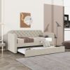 Twin Size Upholstered Daybed with Trundle and USB Charging Design, Velvet Upholstered Daybed Frame, Twin Sofa Bed for Living Room Bedroom, No Box Spri