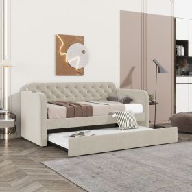 Twin Size Upholstered Daybed with Trundle and USB Charging Design, Velvet Upholstered Daybed Frame, Twin Sofa Bed for Living Room Bedroom, No Box Spri