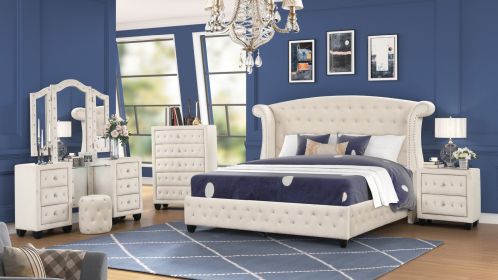 Sophia Crystal Tufted Queen 4 Pc Vanity Bedroom Set Made with Wood in Cream