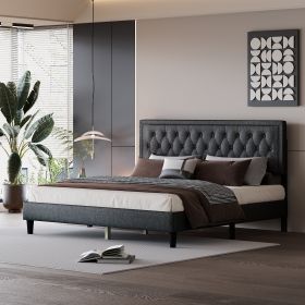 King size Panel Bed Frame with Adjustable Button-Tufted Headboard for Bedroom/Linen Upholstered/Wood Slat Support/Easy Assembly,Dark Grey