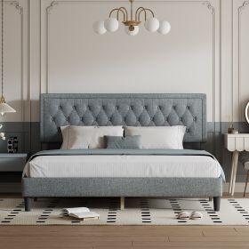 King size Panel Bed Frame with Adjustable Button-Tufted Headboard for Bedroom/Linen Upholstered/Wood Slat Support/Easy Assembly,Light Grey