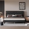 King size Panel Bed Frame with Adjustable Button-Tufted Headboard for Bedroom/Linen Upholstered/Wood Slat Support/Easy Assembly,Dark Grey