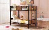Twin-over-twin bunk bed modern style steel frame bunk bed with safety rail, built-in ladder for bedroom, dorm, boys, girls, adults (OLD SKU:MF190839AA