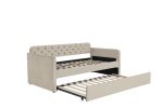 Twin Size Upholstered Daybed with Trundle and USB Charging Design, Velvet Upholstered Daybed Frame, Twin Sofa Bed for Living Room Bedroom, No Box Spri