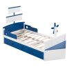3-Pieces Bedroom Sets,Twin Size Boat-Shaped Platform Bed with Trundle and Two Nightstands,White+Blue