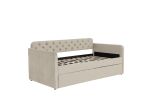 Twin Size Upholstered Daybed with Trundle and USB Charging Design, Velvet Upholstered Daybed Frame, Twin Sofa Bed for Living Room Bedroom, No Box Spri