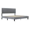 King size Panel Bed Frame with Adjustable Button-Tufted Headboard for Bedroom/Linen Upholstered/Wood Slat Support/Easy Assembly,Light Grey