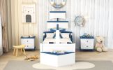 3-Pieces Bedroom Sets,Twin Size Boat-Shaped Platform Bed with Trundle and Two Nightstands,White+Blue