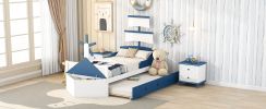 3-Pieces Bedroom Sets,Twin Size Boat-Shaped Platform Bed with Trundle and Two Nightstands,White+Blue