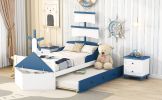 3-Pieces Bedroom Sets,Twin Size Boat-Shaped Platform Bed with Trundle and Two Nightstands,White+Blue