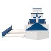 3-Pieces Bedroom Sets,Twin Size Boat-Shaped Platform Bed with Trundle and Two Nightstands,White+Blue