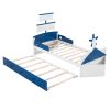 3-Pieces Bedroom Sets,Twin Size Boat-Shaped Platform Bed with Trundle and Two Nightstands,White+Blue