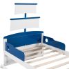 3-Pieces Bedroom Sets,Twin Size Boat-Shaped Platform Bed with Trundle and Two Nightstands,White+Blue