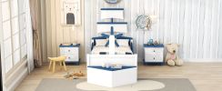 3-Pieces Bedroom Sets,Twin Size Boat-Shaped Platform Bed with Trundle and Two Nightstands,White+Blue