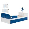 3-Pieces Bedroom Sets,Twin Size Boat-Shaped Platform Bed with Trundle and Two Nightstands,White+Blue